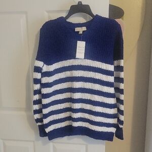 Michael Kors SzMed 100% Cotton Cable Knit Navy White Striped Scoop neck Sweater